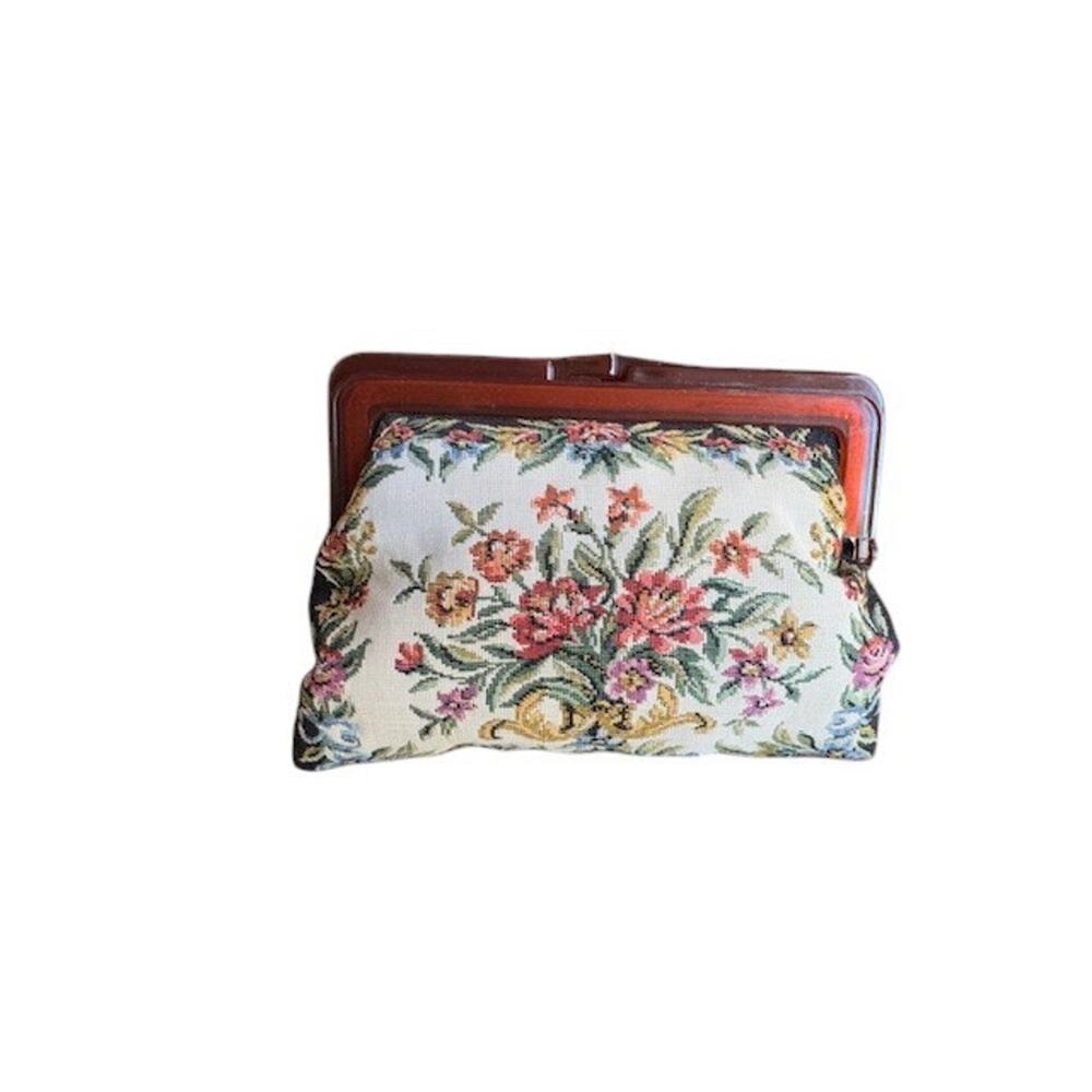 Vintage Flower Needlepoint Clutch Petit Point Purse 8x6 in